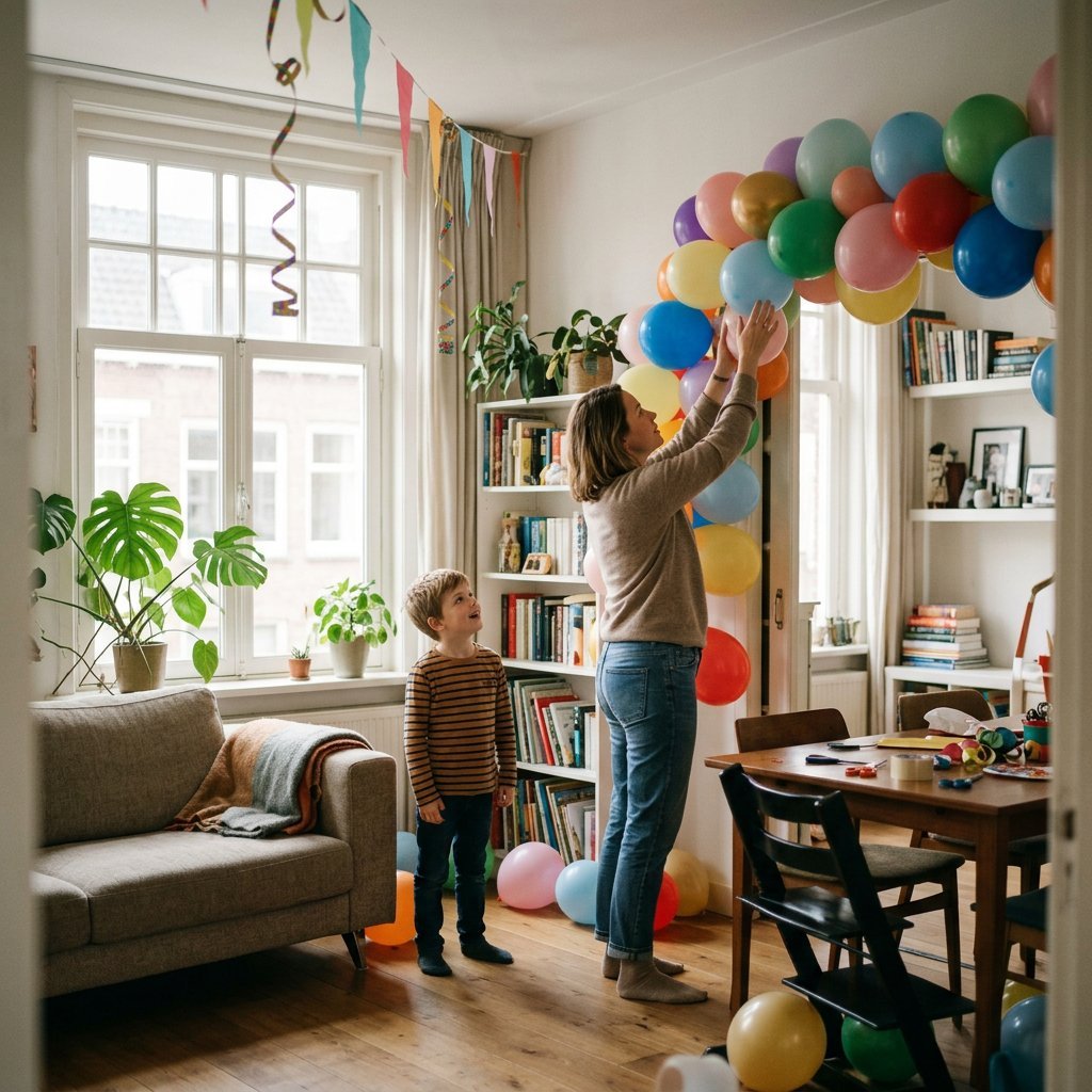 A brightly decorated living room for a child's birthday party, with colorful balloons and streamers. A parent smiles, adding a final festive detail as a young child looks on with excitement, capturing the fun of a home celebration.