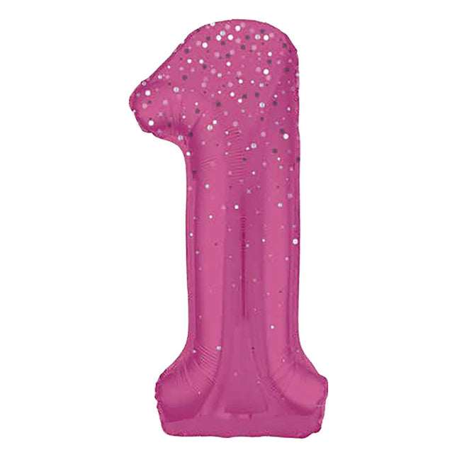 1 Jaar Cijfer Ballon Roze Stippen 86cm van Unique koop je bij Partywinkel