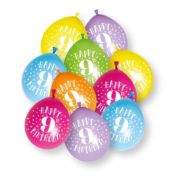10 stuks Happy 9th Birthday 23cm latex ballonnen van Unique koop je bij Partywinkel