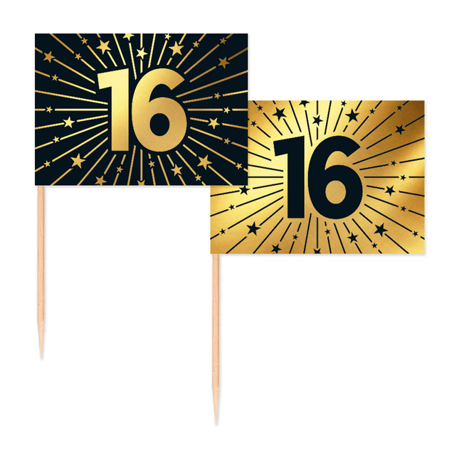 16 Jaar Cocktailprikkers Goud Zwart 50st van WeFiesta koop je bij Partywinkel