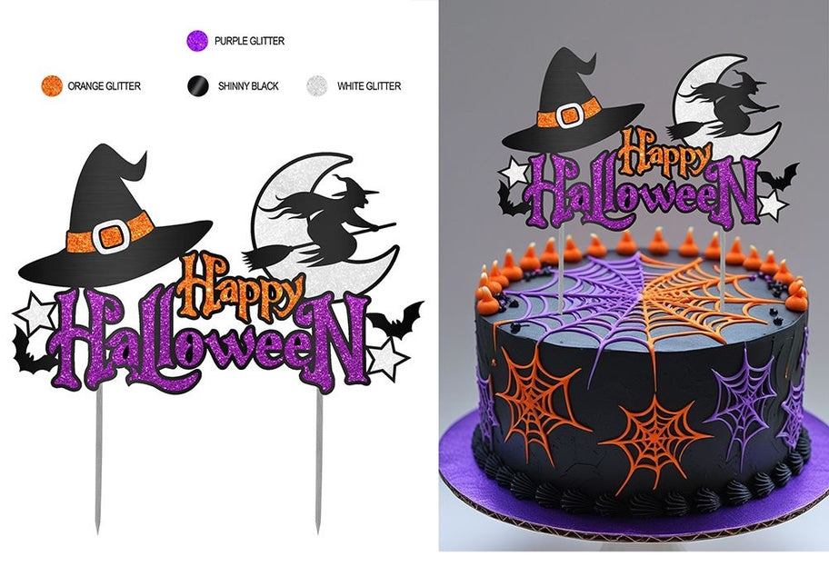 Halloween Taarttopper Oranje Paars Glitter