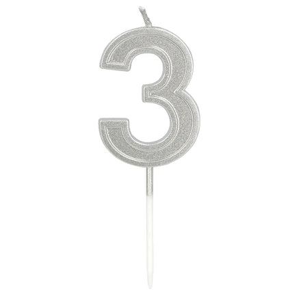 Elegant '3' -kynttilä, hopea, pidikkeellä (3 x 4,2 x 0,7 cm)