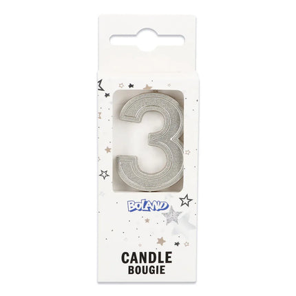 Elegant '3' -kynttilä, hopea, pidikkeellä (3 x 4,2 x 0,7 cm)
