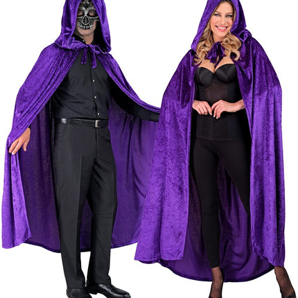 Violetti samettiviitta hupulla 140cm
