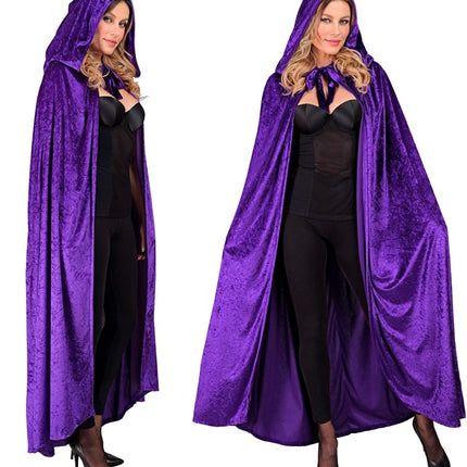 Violetti samettiviitta hupulla 140cm