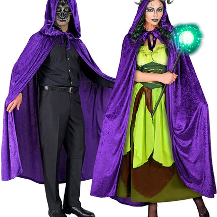 Violetti samettiviitta hupulla 140cm