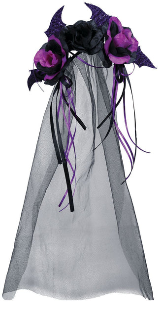 Musta Halloween hiuspanta violetti kukkia ja huntu