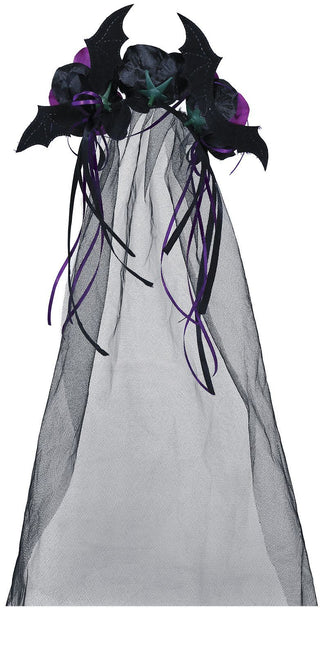 Musta Halloween hiuspanta violetti kukkia ja huntu