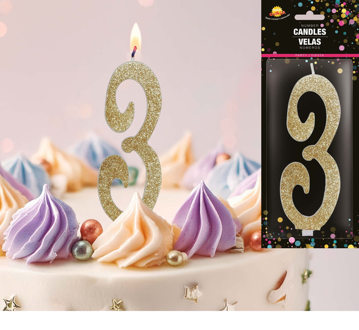 Kultainen kynttilä 3 vuotta Glitter 12.5cm
