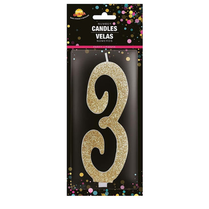 Kultainen kynttilä 3 vuotta Glitter 12.5cm