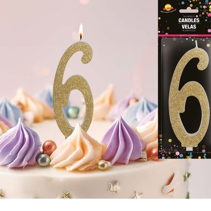 Kultainen kynttilä 6 vuotta Glitter 12.5cm