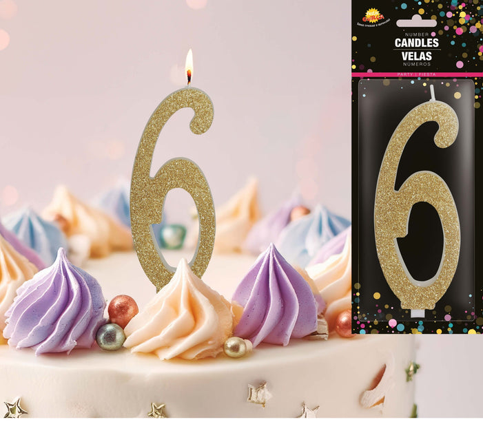 Kultainen kynttilä 6 vuotta Glitter 12.5cm