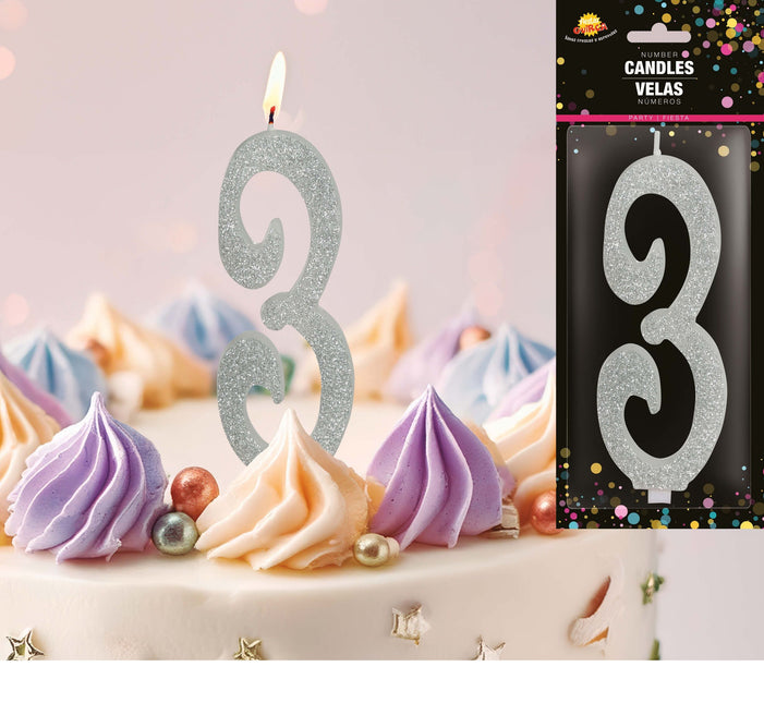 Hopeinen kynttilä 3 vuotta Glitter 12.5cm