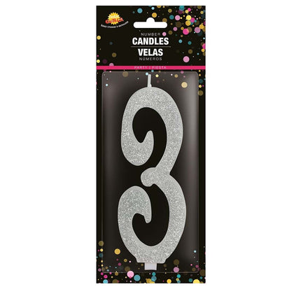 Hopeinen kynttilä 3 vuotta Glitter 12.5cm