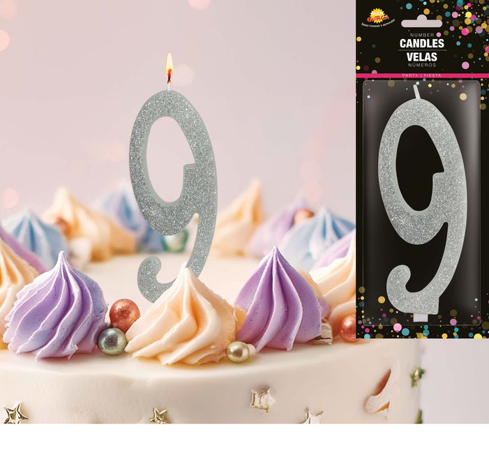 Hopeinen kynttilä 9 vuotta Glitter 12.5cm