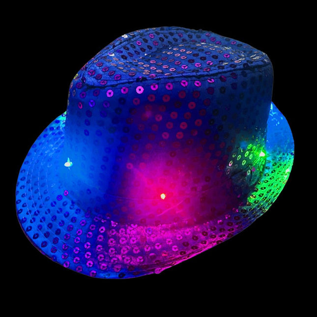 Sininen paljettihattu, jossa on valo ja paristot