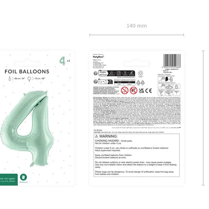 4 Jaar Cijfer Ballon Mintgroen Leeg 72cm van Partydeco koop je bij Partywinkel
