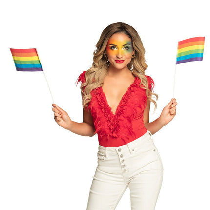 6 Papieren zwaaivlaggen Regenboog 20x14cm / 40cm stok van Boland koop je bij Partywinkel