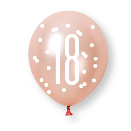 6ct Glitz Rose Gold Number 18 Assorted Platinum & Pearl Premium 30cm Latex Balloons van Unique koop je bij Partywinkel