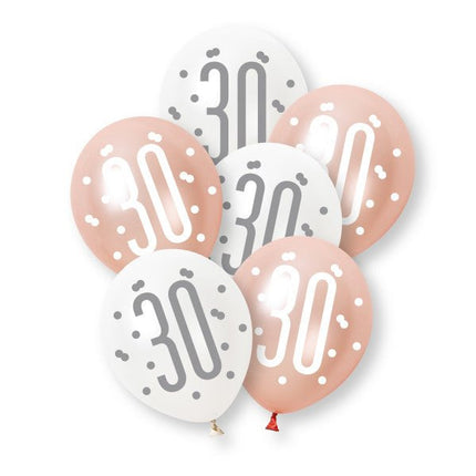 6ct Glitz Rose Gold Number 30 Assorted Platinum & Pearl Premium 30cm Latex Balloons van Unique koop je bij Partywinkel