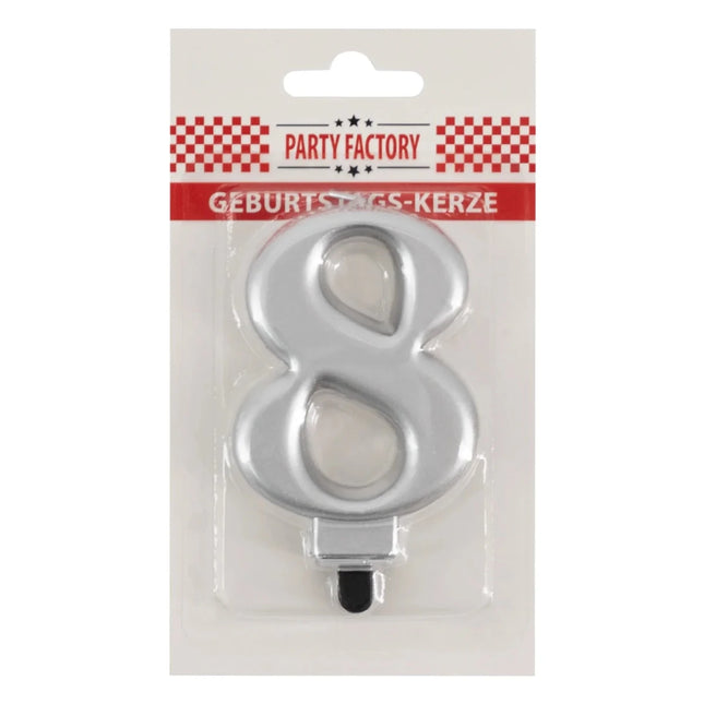 8 Jaar Kaars Zilver Metellic 7cm van VDV Benefit koop je bij Partywinkel