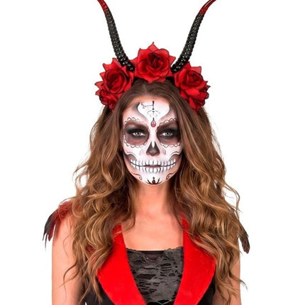 Halloween-hiuspanta, musta-punainen, paholainen ja kukka