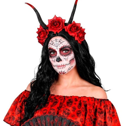 Halloween-hiuspanta, musta-punainen, paholainen ja kukka