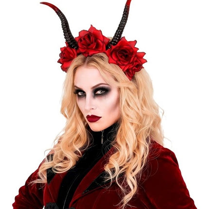 Halloween-hiuspanta, musta-punainen, paholainen ja kukka