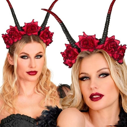 Halloween-hiuspanta, musta-punainen, paholainen ja kukka