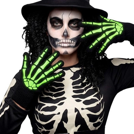 Halloween-käsineet, musta-valkoinen, luuranko, hämärässä hohtava