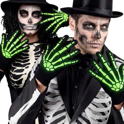 Halloween-käsineet, musta-valkoinen, luuranko, hämärässä hohtava