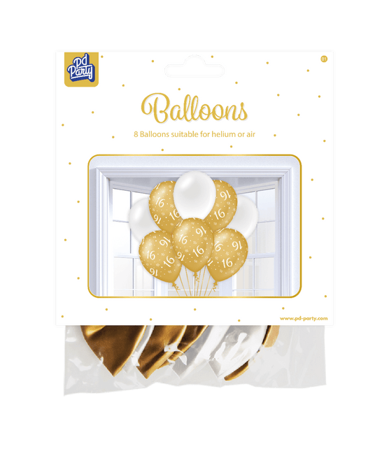 Ballonnen 16 Jaar Goud Wit 30cm 8st van Paper Dreams koop je bij Partywinkel