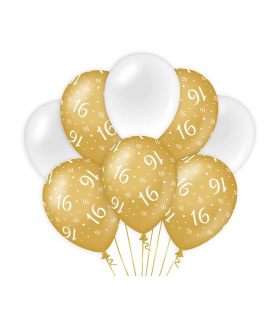 Ballonnen 16 Jaar Goud Wit 30cm 8st van Paper Dreams koop je bij Partywinkel