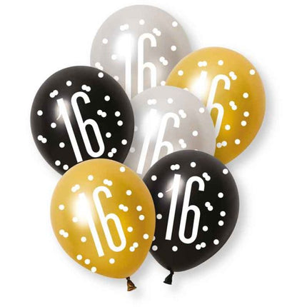 Ballonnen 16 Jaar Latex Goud Zwart Zilver 30cm 6st van Unique koop je bij Partywinkel