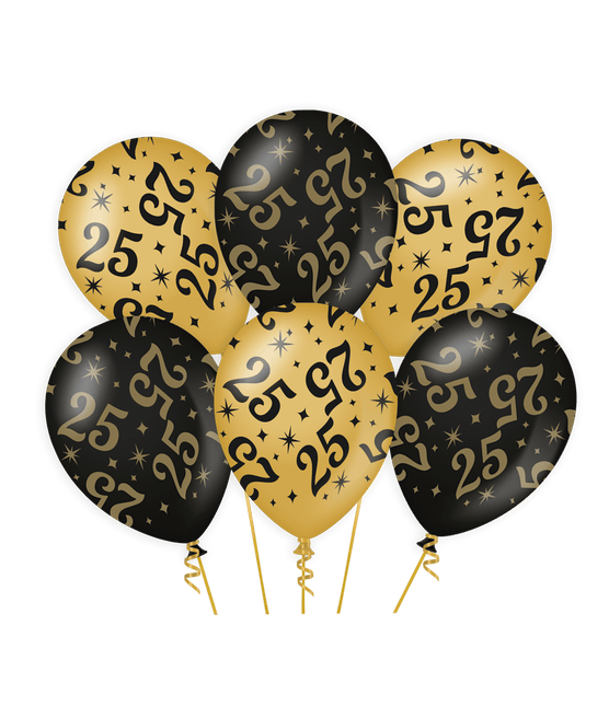 Ballonnen 25 Jaar Goud Zwart 30cm 6st van Paper Dreams koop je bij Partywinkel