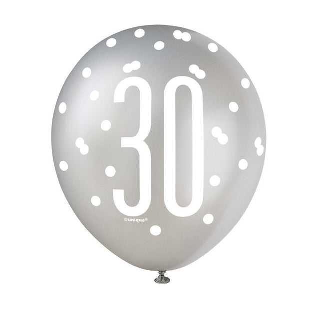 Ballonnen 30 Jaar Stippen Zwart 30cm 6st van Unique koop je bij Partywinkel