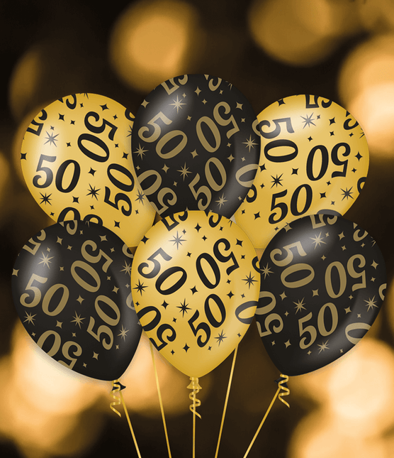 Ballonnen 50 Jaar Goud Zwart 30cm 6st van Paper Dreams koop je bij Partywinkel