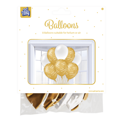 Ballonnen Happy Birthday Goud Wit 30cm 8st van Paper Dreams koop je bij Partywinkel
