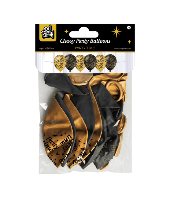 Ballonnen Party Time Goud Zwart 30cm 6st van Paper Dreams koop je bij Partywinkel