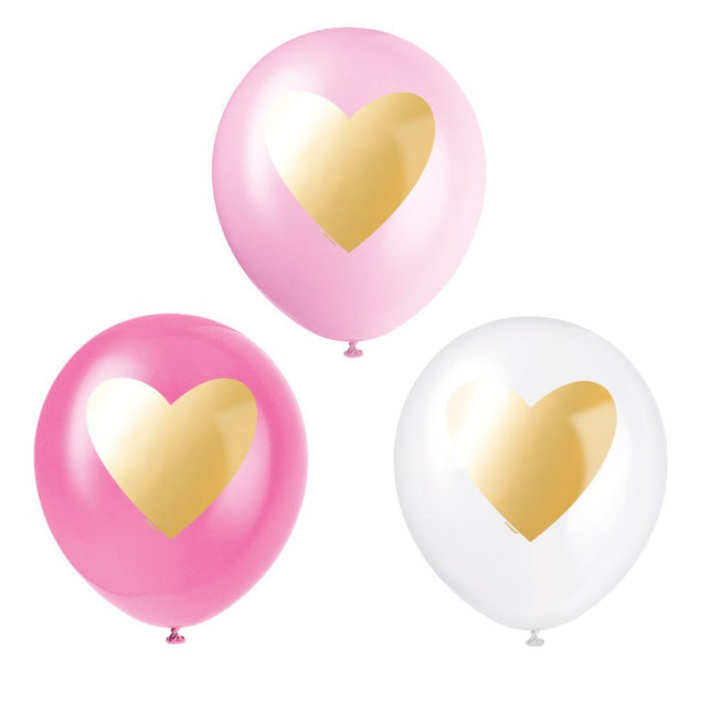 Ballonnen Roze Met Gouden Hart 30cm 6st van Unique koop je bij Partywinkel