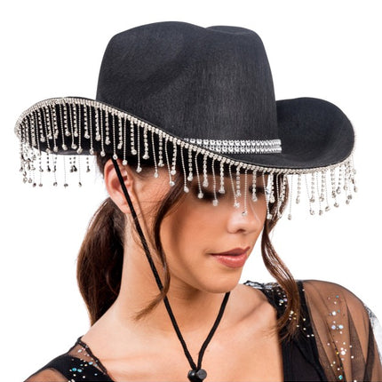 Musta cowboy-hattu, jossa roikkuvat strassikivet – yksi koko
