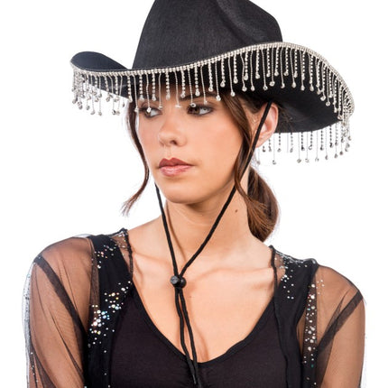 Musta cowboy-hattu, jossa roikkuvat strassikivet – yksi koko