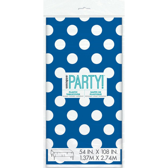 Blauwe Tafelkleed Witte Stippen 2,74m van Unique koop je bij Partywinkel