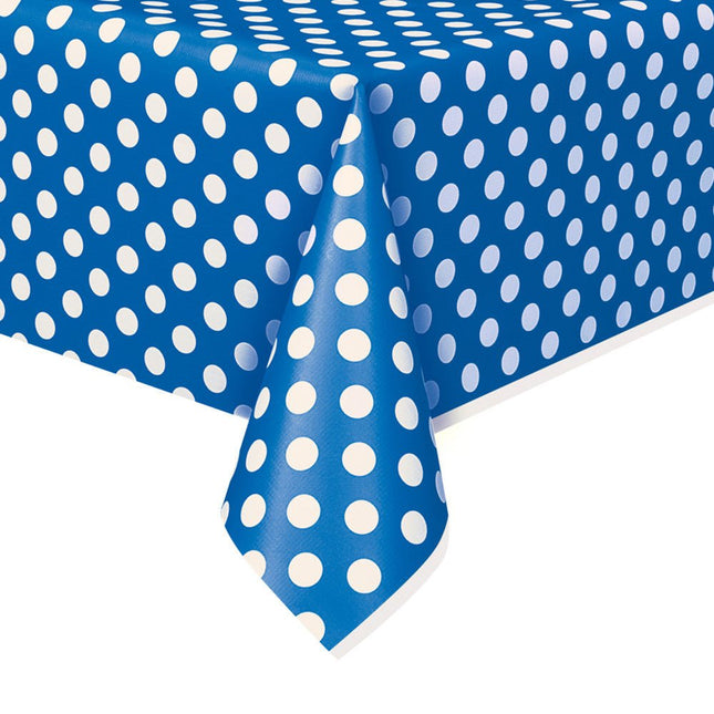 Blauwe Tafelkleed Witte Stippen 2,74m van Unique koop je bij Partywinkel