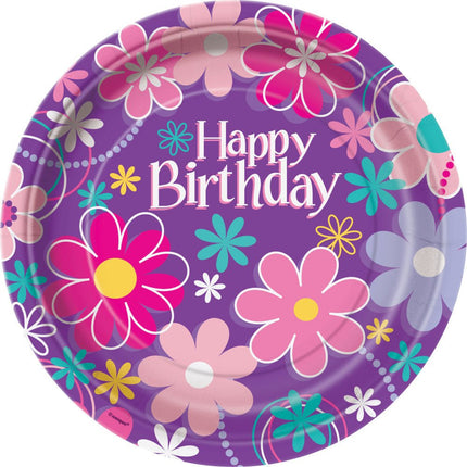 Bloemen Borden Happy Birthday 23cm 8st van Unique koop je bij Partywinkel