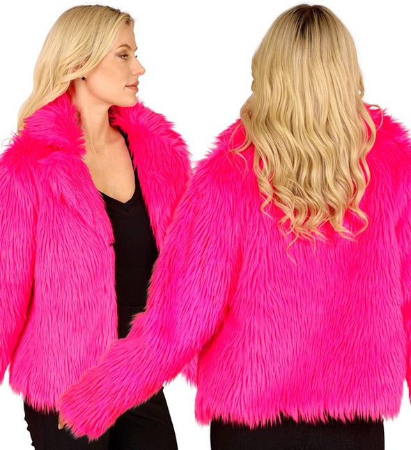 Bontjas Pluche Dames Neon Roze van Widmann koop je bij Partywinkel