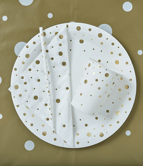 Borden Gouden Stippen Wit 20cm 8st van Paper Dreams koop je bij Partywinkel