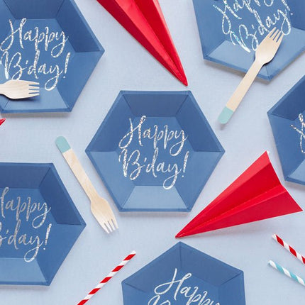 Borden Happy B'Day Blauw 20cm 6st van Partydeco koop je bij Partywinkel