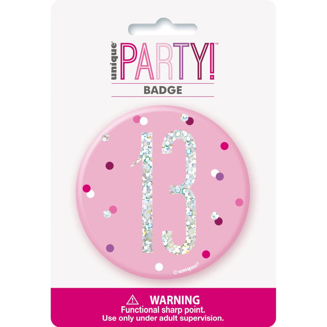 Button 13 Jaar Roze 7cm van Unique koop je bij Partywinkel