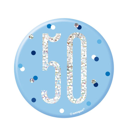 Button 50 Jaar Blauw 7cm van Unique koop je bij Partywinkel